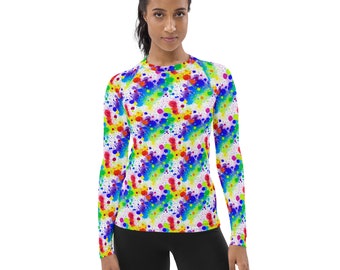 Coloridas salpicaduras de paintball impresas Rash Guard para mujer, Yoga Workout Fitness Rash Guard, ropa activa para mujer de manga larga, regalos para ella