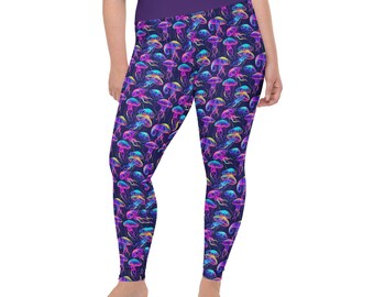Jellyfish Printed Women Leggings, Under the Sea Marine Life AOP Gym Workout Plus Size Leggings, Loungewear Pants, Jellyfish Lover Gift
