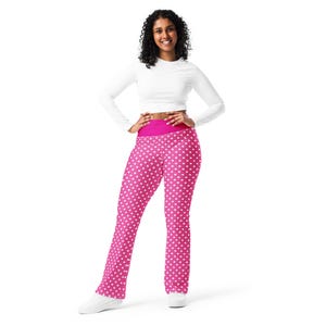 Pink Polka Dot Printed High-Waist Flare Leggings Pants for Women, All Over Print Plus Size Unique Colorful Yoga Leggings, Pink Lover Gifts