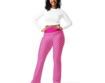 Pink Polka Dot Printed High-Waist Flare Leggings Pants for Women, All Over Print Plus Size Unique Colorful Yoga Leggings, Pink Lover Gifts