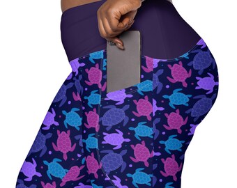 Turtle Print Leggings for Women, Stylish Workout Sea Animal Leggings, Plus Size Nautical Yoga Pants, Soft Stretchy Ocean Gym Leggings, Gift