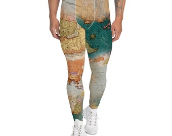 World Map Leggings, Printed Leggings for Men, Wanderlust Geography Leggings, Map Printed Tights, Workout Legging, Men's Tights, Gift for Him