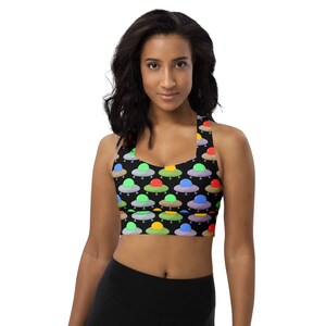 Sci-Fi Flying Saucers Sports Bra, Aliens UFO Printed Sports Bra, Women Sports Bra, Athletic Bra, Gym Workout Bra, Yoga Bra, Fitness Bra Gift