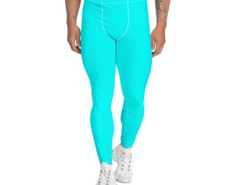 Solid Bright Neon Blue Printed Leggings for Men, Hot Blue Exercise Fitness Leggings, Workout Streetwear Leggings, Plus Size Yoga Leggings