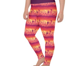 LA Sunset Skyline Printed Women Leggings, Gift, Vibrant All Over Print Gym Workout Fitness Plus Size Leggings, Yoga Pants, Womens Activewear