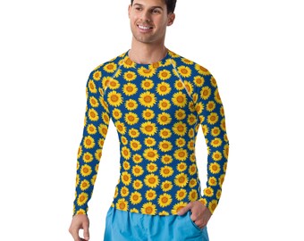 Sunflower Printed Rash Guard, Floral Rash Guard, Long Sleeve Workout Rash Guard, Jiu Jitsu BJJ Men Activewear, Sunflower Lover Gift for Him