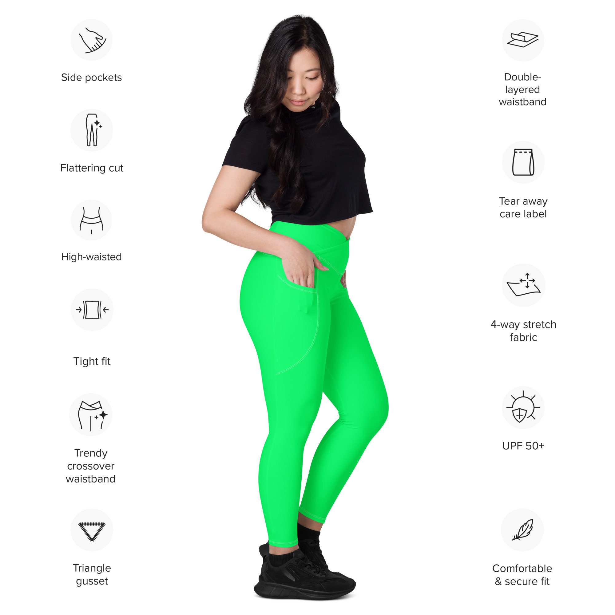 Neon Green Leggings, Solid Bright Lime Green Plus Size High Waist Crossover  Leggings With Pocket, Soft Stretch Hot Green Yoga Workout Pants -   Canada