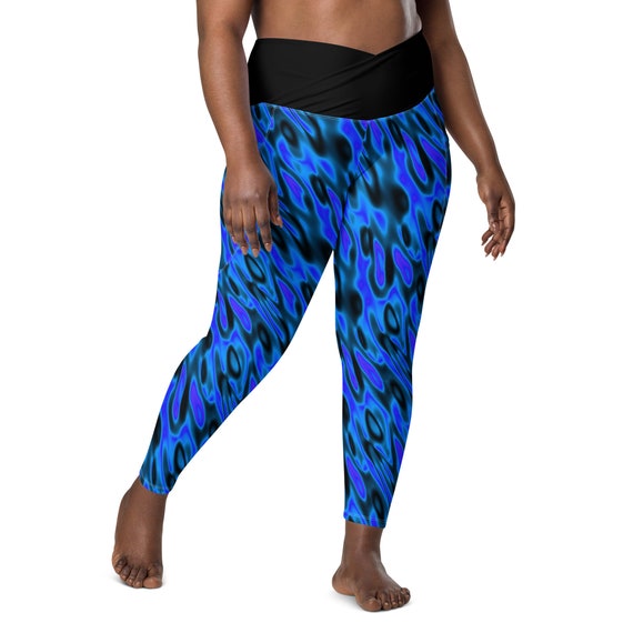 Blue Fire Flame Printed Leggings for Women, Plus Size Crossover