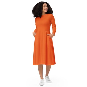 Solid Orange Midi Dress, Full Sleeves Dress, Casual Evening Party Dress, Beach Dress, Plus Size Dress with Pockets, Plain Orange Dress