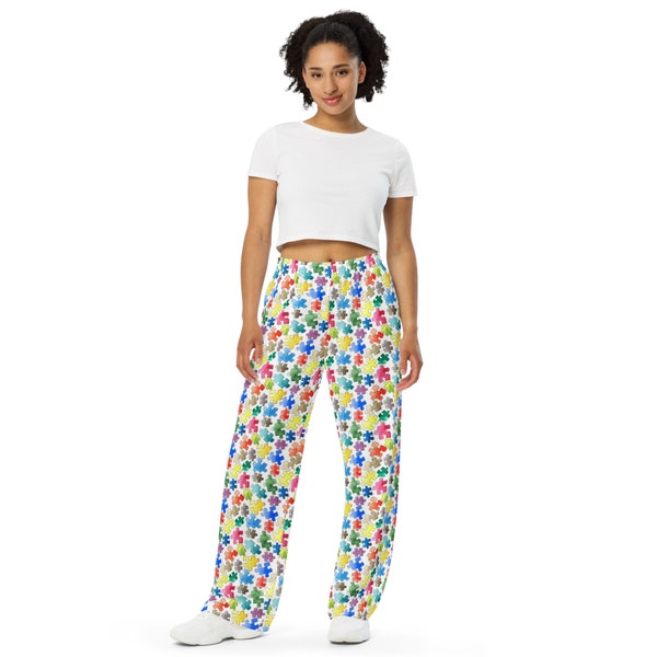 Jigsaw Puzzle Patterned Unisex PJ Pants, Comfy Lounge Pants with Pockets, All Over Print Elastic Waist Pants, Puzzle Lover Pajamas Gifts