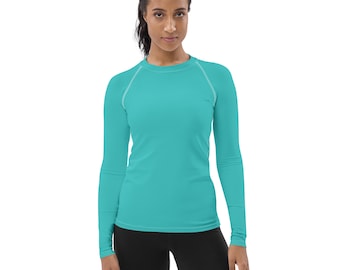 Colorful Teal Print Rash Guard Women, Swim Surf Shirt, Long Sleeve Blue Green Fitness Rash Guard, Solid Teal Women Activewear, Jiu Jitsu BJJ