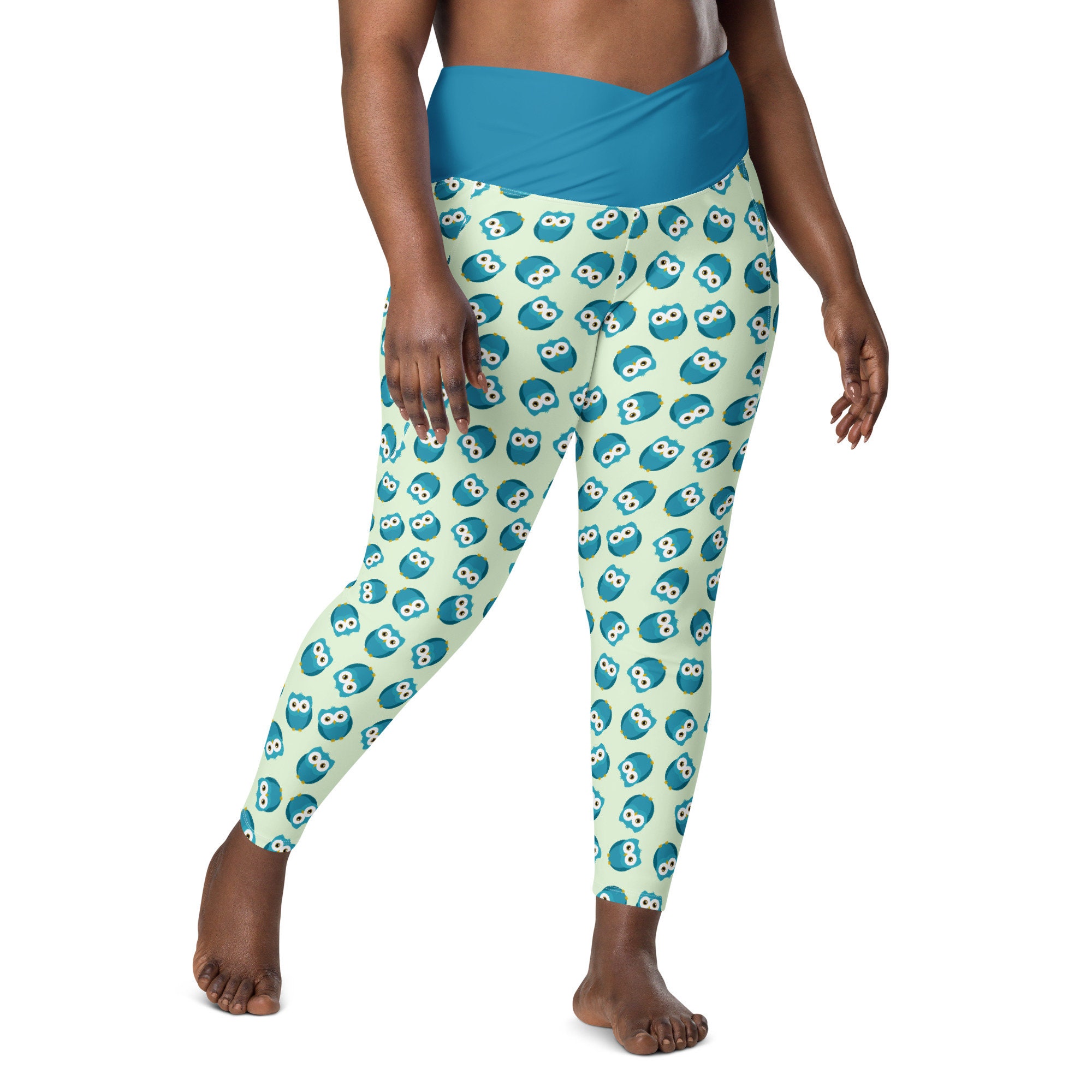 Owls Printed Leggings for Women, Plus Size Bird Lover Workout Leggings, Crossover High Waist Legging