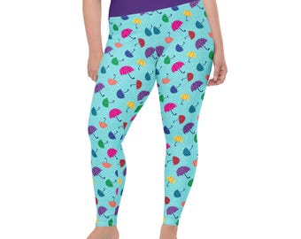 Umbrellas Raindrops Printed Women Leggings, Soft Comfy Gym Exercise Leggings, Yoga Workout Pants, Women Activewear, Plus Size, Weather Gift