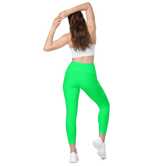 Neon Green Leggings, Solid Bright Lime Green Plus Size High Waist