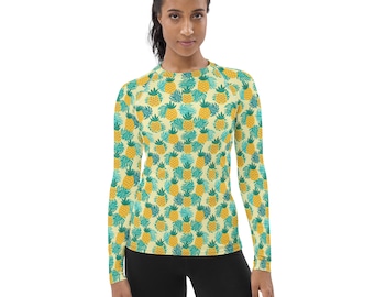 Pineapple Fruit Printed Rash Guard, Tropical Vegan Foodie Swim Surf Shirt, Fitness Rash Guard, Women Activewear,Jiu Jitsu BJJ MMA Guard Gift