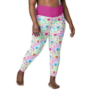 Cheetah Hearts Leggings for Women, Plus Size Leggings, Fun Workout Leggings, Crossover High Waist Leggings with Pockets, Fitness Yoga Pants