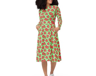 Watermelon Foodie Midi Dress | Full Sleeves Dress | Casual Evening Party Dress | Beach Dress | Plus Size Dress with Pockets | Vegan Lovers