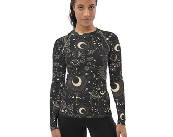 Moon Phases Printed Rash Guard, Stars Rash Guard, Long Sleeve Yoga Workout Rash Guard, Jiu Jitsu BJJ Women Activewear, Astrology Gifts