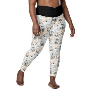 Owl Patterned Bird Lover Leggings for Women, Plus Size Workout Leggings, High Waist Crossover Animal Leggings with Pockets,Fitness Yoga Pant
