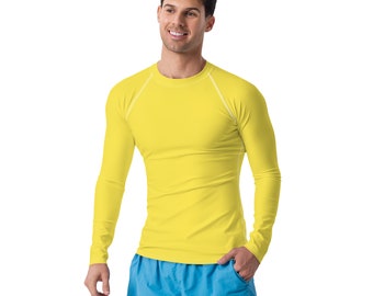 Solid Bright Yellow Men's Rash Guard, Jiu Jitsu MMA Rash Guard, Men's Activewear, Colorful Yoga Gym Fitness Workout Rash Guard, Gift for Him