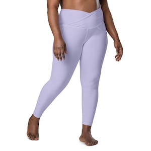Light Pastel Purple Leggings, Plus Size High Waist Crossover Leggings with Pocket, Soft Stretch Yoga Workout Pants, Fitness Exercise Legging