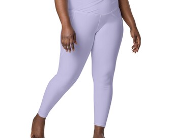 Light Pastel Purple Leggings, Plus Size High Waist Crossover Leggings with Pocket, Soft Stretch Yoga Workout Pants, Fitness Exercise Legging