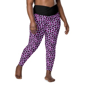 Cheetah Pattern Leggings for Women, Plus Size Leopard Print Workout Leggings, Crossover High Waist Leggings with Pockets, Fitness Yoga Pants