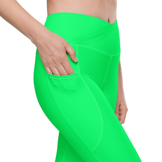 Neon Green Leggings, Solid Bright Lime Green Plus Size High Waist