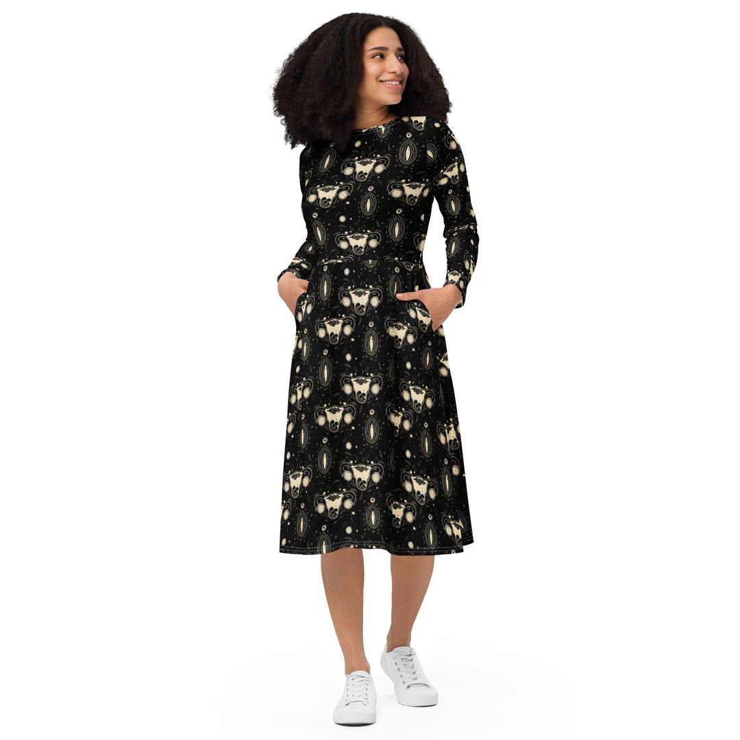 Female Anatomy Gynecologist Printed Midi Dress, Round Neck Party Dress, Long Sleeve Casual Dress