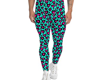 Cheetah Hearts Printed Mens Leggings, All Over Print Gym Running Exercise Leggings, Yoga Workout Fitness Pants, Valentine's Day Gift for Him