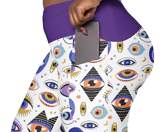 Evil Eyes Printed Leggings for Women, Stylish Workout Eyeballs Pattern Leggings, High Waist Plus Size Yoga Pants, Soft Stretch Gym Leggings