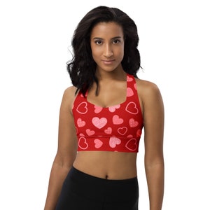 Pink Hearts Printed Sports Bra, Sexy Sports Bra, Valentine Patterned Bra, All Over Print Training Bra, Yoga Workout Bra, Hearts Sportswear