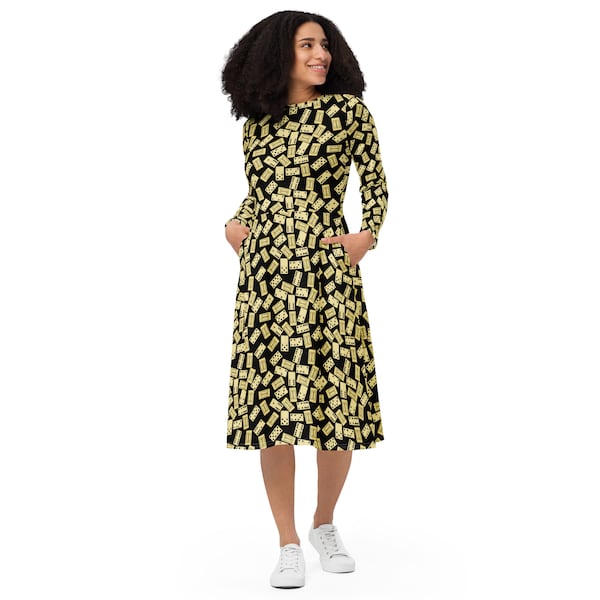 Dominoes Printed Midi Dress, Round Neck Evening Party Dress, Comfy Casual Modest Unique Dress, Plus Size Dress with Pockets, Gifts for Her