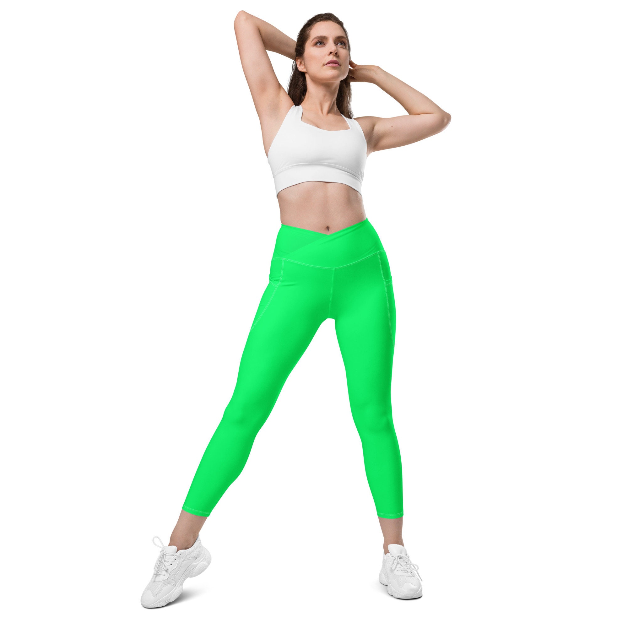 Neon Green Leggings, Solid Bright Lime Green Plus Size High Waist Crossover  Leggings With Pocket, Soft Stretch Hot Green Yoga Workout Pants -   Canada
