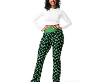 T-Rex Dinosaurs Printed High-Waist Flare Legging Pants for Women, All Over Print Plus Size Unique Colorful Yoga Leggings, Gift for Her