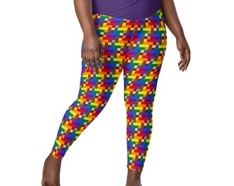 Rainbow Checkered Gamer Leggings for Women, Plus Size Workout Fitness Leggings,High Waist Crossover LGBTQ Lesbian Pride Leggings with Pocket