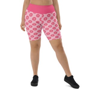 Pink Donuts Food Printed Biker Shorts Women, Funny Foodie Shorts, Casual Gym Workout Shorts, High Waisted, Comfy Running Shorts, Plus Size
