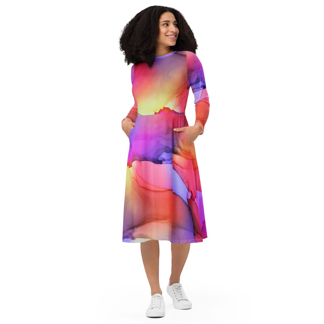 Spring Flower Petals Printed Midi Dress, Abstract Designer Dress, Full Sleeves, Evening Party