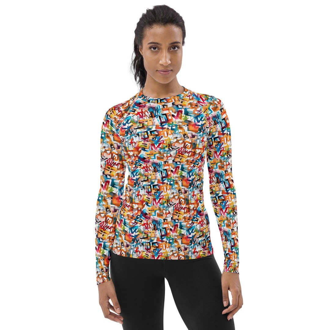 Street Graffiti Patterned Rash Guard Women, Swim Surf Shirt, Sportswear ...