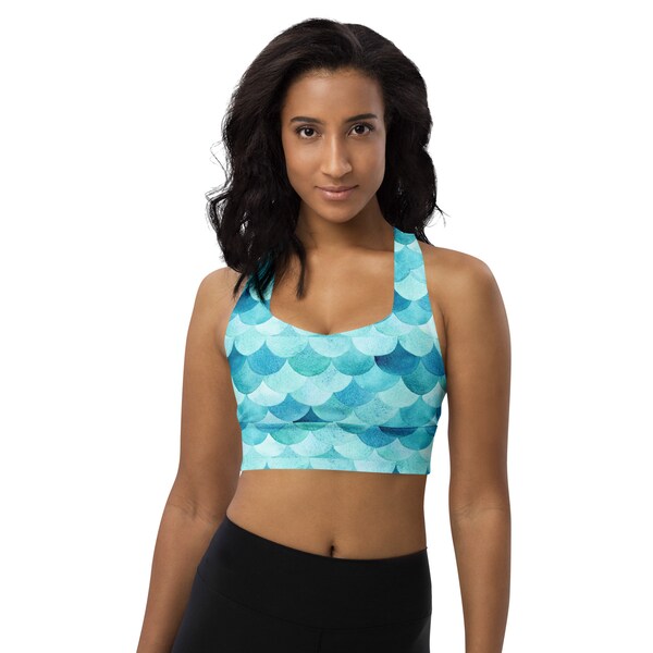 Mermaid Scales Sports Bra, Ocean Nautical Sports Bra, Yoga Fitness Bra, Workout Bra, Sea Animal Sportswear, All Over Print Women Activewear