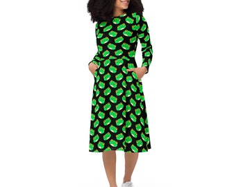 Frogs Printed Midi Dress, Full Sleeves Dress, Casual Evening Party Dress, Beach Dress, Plus Size Dress with Pockets, Frogs Lover Dress