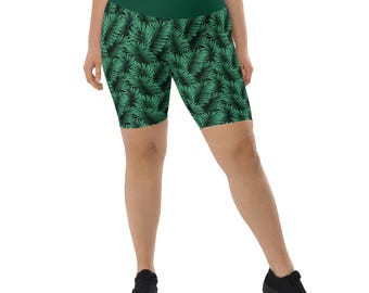 Fern Plant Leaves Printed Biker Shorts Women, High Waisted Bicycle Shorts, Botanical All Over Print Gym Workout Short, Everyday Sports Short