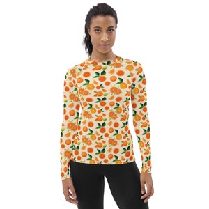 Citrus Orange Fruit Printed Rash Guard, Vegan Foodie Swim Surf Shirt, Long Sleeve Fitness Rash Guard Women activewear, Jiu Jitsu BJJ Gifts