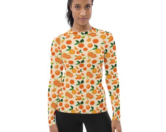 Citrus Orange Fruit Printed Rash Guard, Vegan Foodie Swim Surf Shirt, Long Sleeve Fitness Rash Guard Women activewear, Jiu Jitsu BJJ Gifts