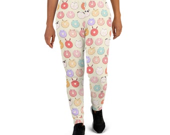 Cute Donut Animals Printed Joggers, Foodie Jogger Sweatpants, Junk Food Joggers for Women, Yoga Pant Leggings, Donut Lover Valentine's Gifts