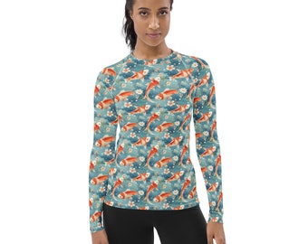 Koi Fish Printed Women's Rash Guard, Unique Jiu Jitsu BJJ MMA Rash Guard, Athletic Gym Workout Rash Guard, Outdoor Crossfit Rash Guard