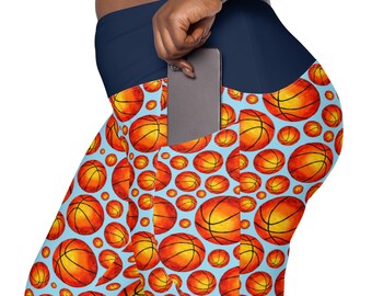 Basketballs Printed Women Leggings, Plus Size Sports Activewear Leggings, Premium Yoga Workout Gym Exercise Leggings With Pockets, Gifts