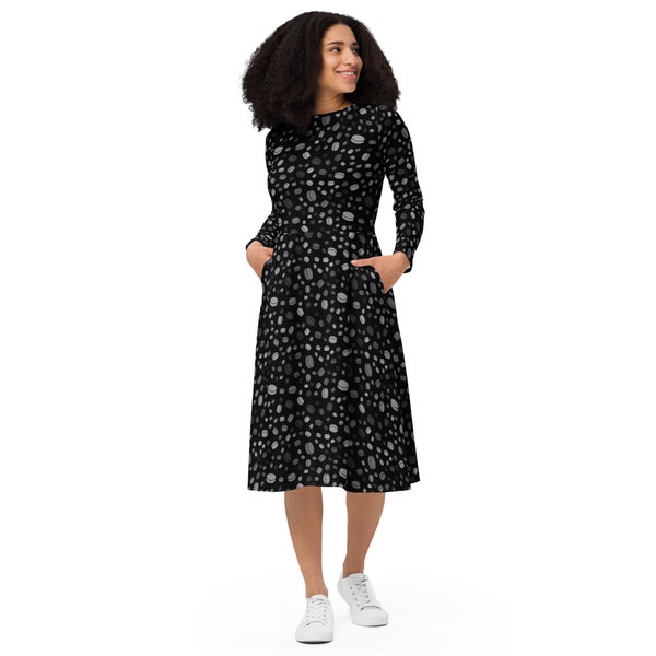 Hockey Pucks Printed Plus Size Midi Dress with Pockets, Hockey Player Coach Gifts for Her, All Over Print Full Sleeve Casual Modest Dress