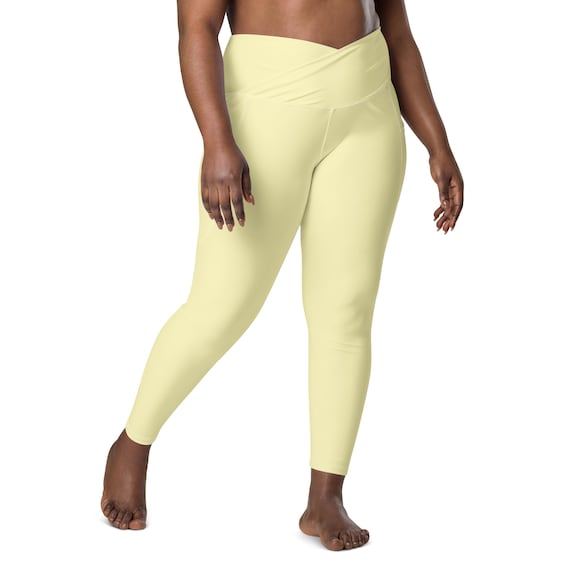 Light Yellow Leggings, Plain Pastel Yellow Plus Size High Waist Crossover  Leggings With Pocket, Soft Stretch Yoga Workout Pants,fitness Pant 