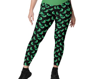T-Rex Dinosaur Leggings, Cute Dino Lover Leggings for Women, High-Waisted Crossover leggings with pockets, 2XS-6XL, Running Workout Leggings